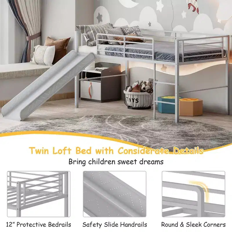 Twin Metal Loft Bed with Slide Guardrails Built-in Ladder Low Bed Frame