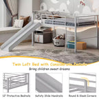 Twin Metal Loft Bed with Slide Guardrails Built-in Ladder Low Bed Frame
