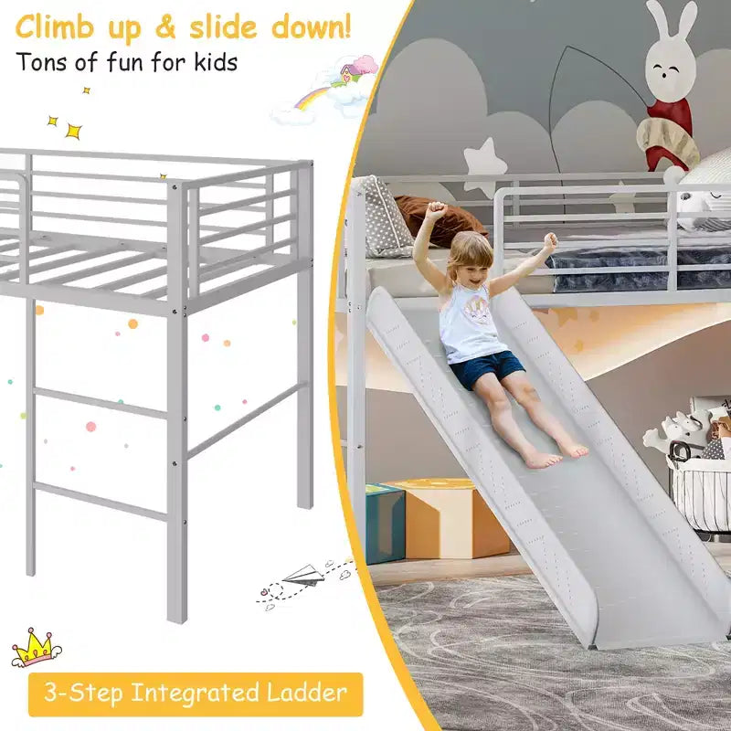 Twin Metal Loft Bed with Slide Guardrails Built-in Ladder Low Bed Frame