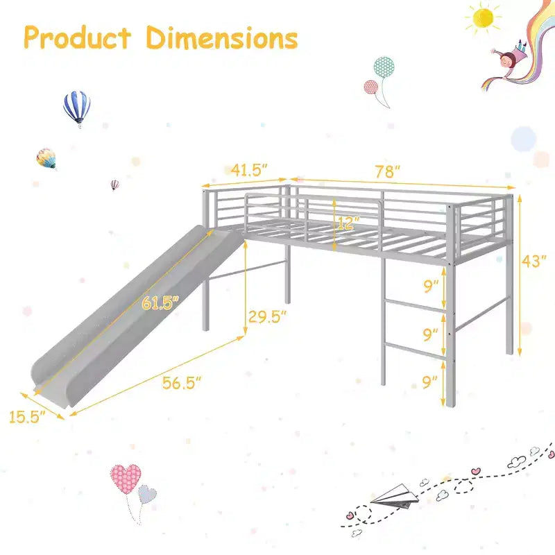 Twin Metal Loft Bed with Slide Guardrails Built-in Ladder Low Bed Frame