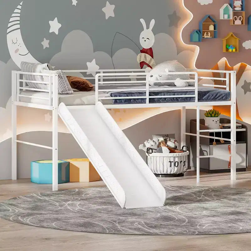 Twin Metal Loft Bed with Slide Guardrails Built-in Ladder Low Bed Frame