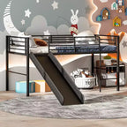 Twin Metal Loft Bed with Slide Guardrails Built-in Ladder Low Bed Frame