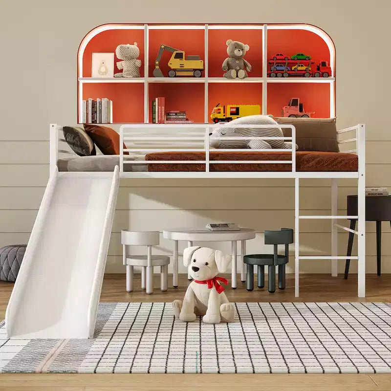 Twin Metal Loft Bed with Slide Guardrails Built-in Ladder Low Bed Frame