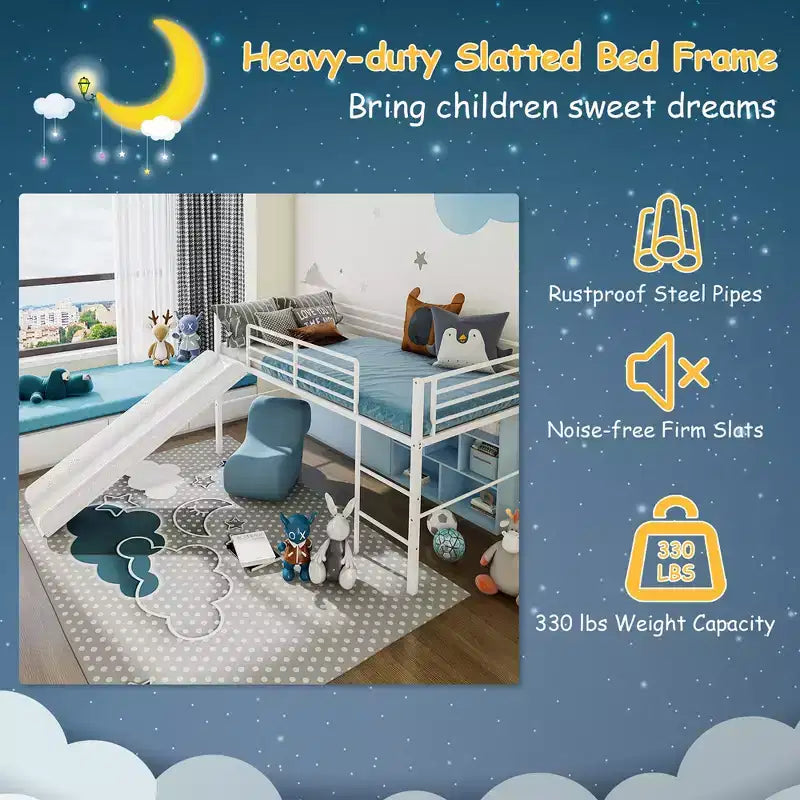 Twin Metal Loft Bed with Slide Guardrails Built-in Ladder Low Bed Frame