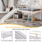 Twin Metal Loft Bed with Slide Guardrails Built-in Ladder Low Bed Frame