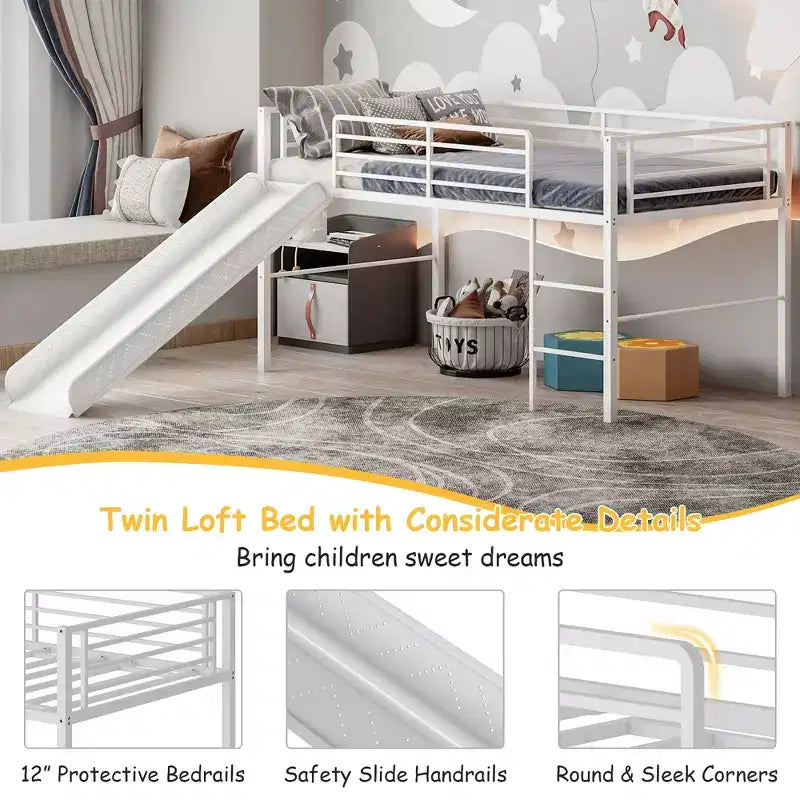 Twin Metal Loft Bed with Slide Guardrails Built-in Ladder Low Bed Frame