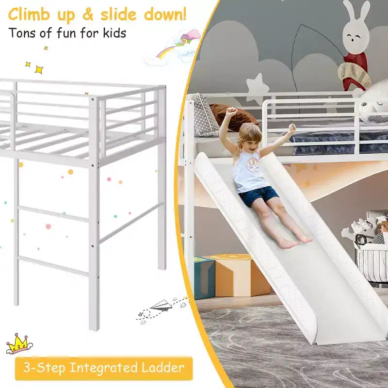 Twin Metal Loft Bed with Slide Guardrails Built-in Ladder Low Bed Frame
