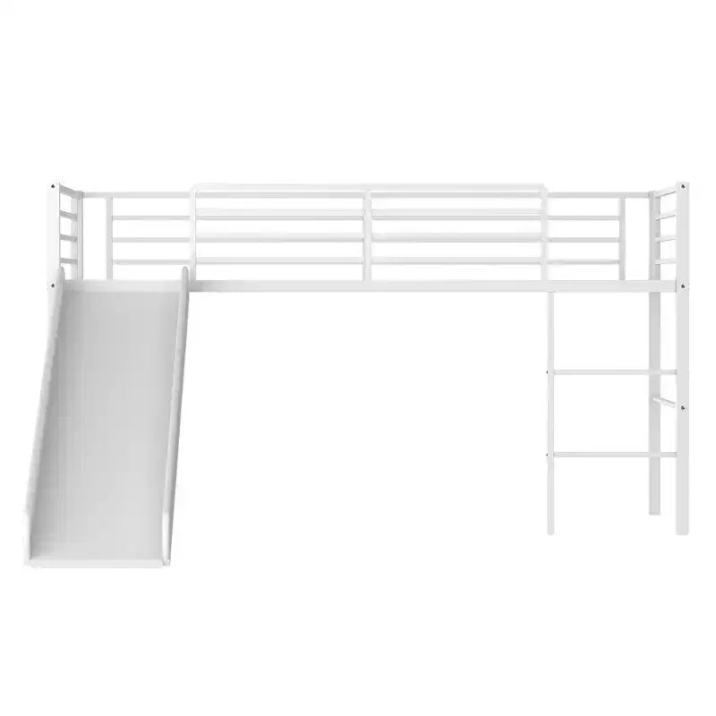 Twin Metal Loft Bed with Slide Guardrails Built-in Ladder Low Bed Frame