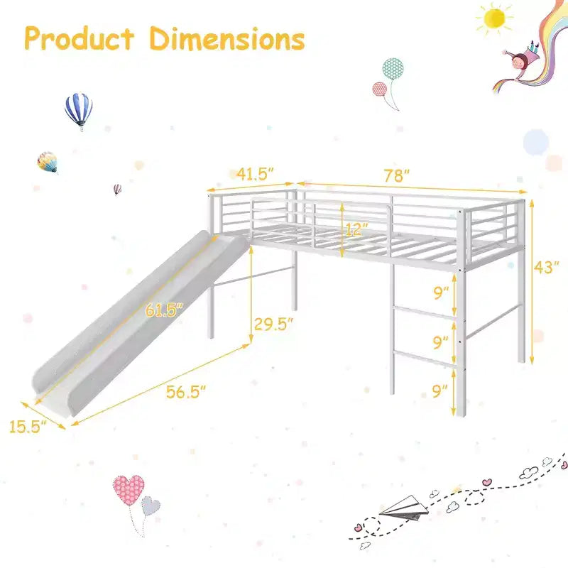 Twin Metal Loft Bed with Slide Guardrails Built-in Ladder Low Bed Frame