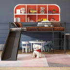 Twin Metal Loft Bed with Slide Guardrails Built-in Ladder Low Bed Frame