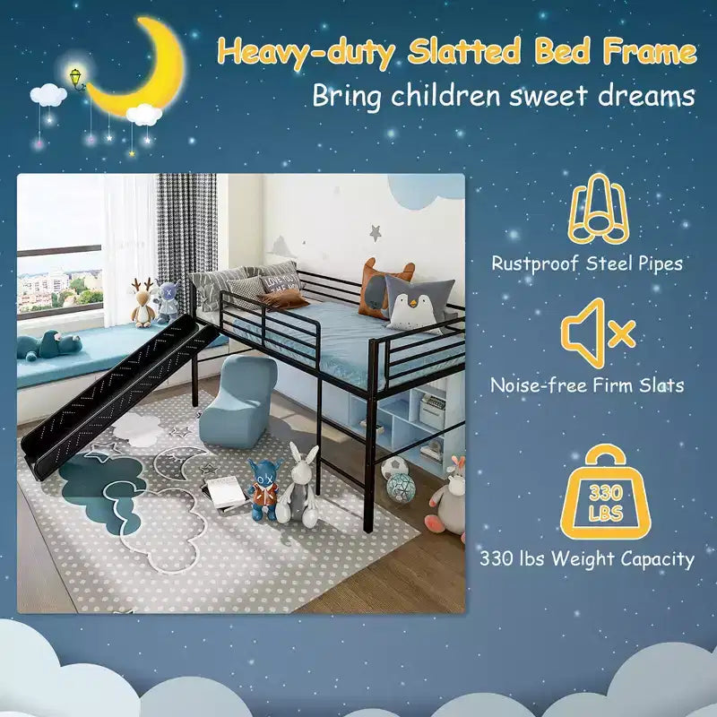 Twin Metal Loft Bed with Slide Guardrails Built-in Ladder Low Bed Frame