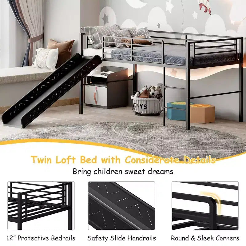 Twin Metal Loft Bed with Slide Guardrails Built-in Ladder Low Bed Frame