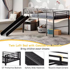 Twin Metal Loft Bed with Slide Guardrails Built-in Ladder Low Bed Frame