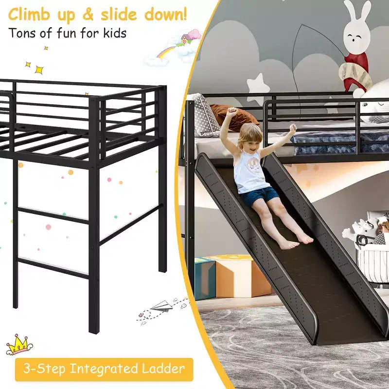 Twin Metal Loft Bed with Slide Guardrails Built-in Ladder Low Bed Frame