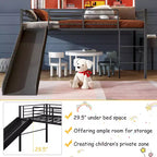 Twin Metal Loft Bed with Slide Guardrails Built-in Ladder Low Bed Frame