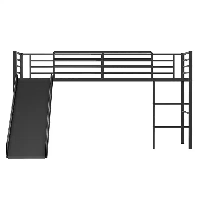 Twin Metal Loft Bed with Slide Guardrails Built-in Ladder Low Bed Frame