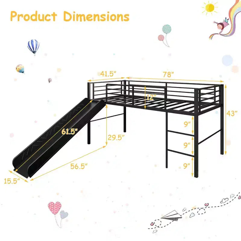 Twin Metal Loft Bed with Slide Guardrails Built-in Ladder Low Bed Frame