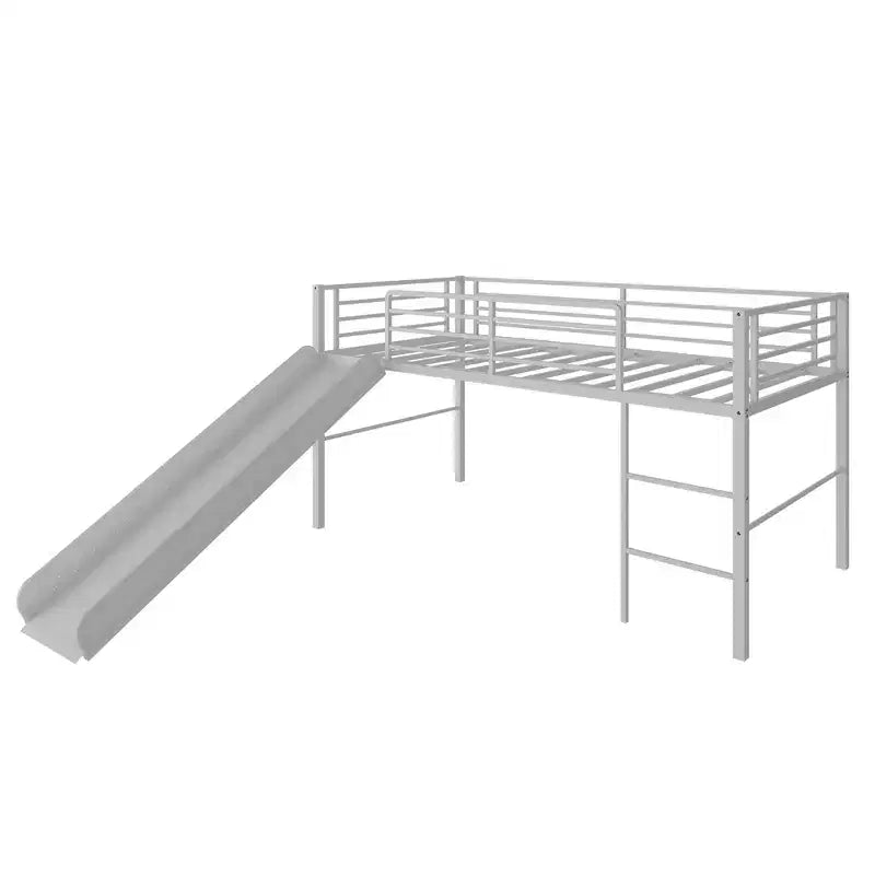 Twin Metal Loft Bed with Slide Guardrails Built-in Ladder Low Bed Frame