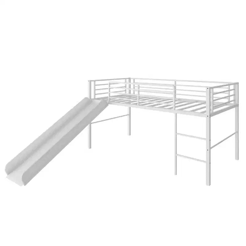 Twin Metal Loft Bed with Slide Guardrails Built-in Ladder Low Bed Frame