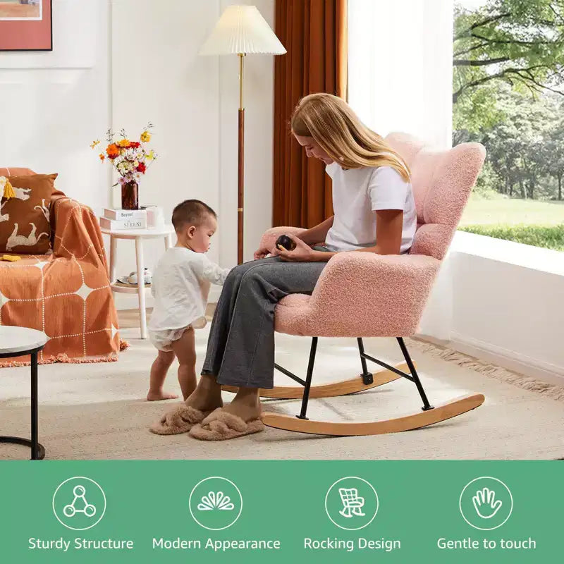 Teddy Upholstered Glider Rocker,Modern Chair with High Backrest,250lbs Capacity,Rocking Accent Chairs for Living Room,Nursery,Bedroom