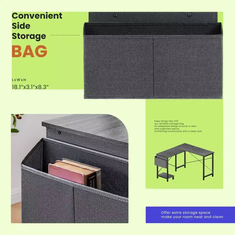 50 L-Shaped Computer Desk with Side Storage Bag,Corner Desks with CPU Stand& Metal Frame,Gaming Desk for Home Office Dorm Studying Room