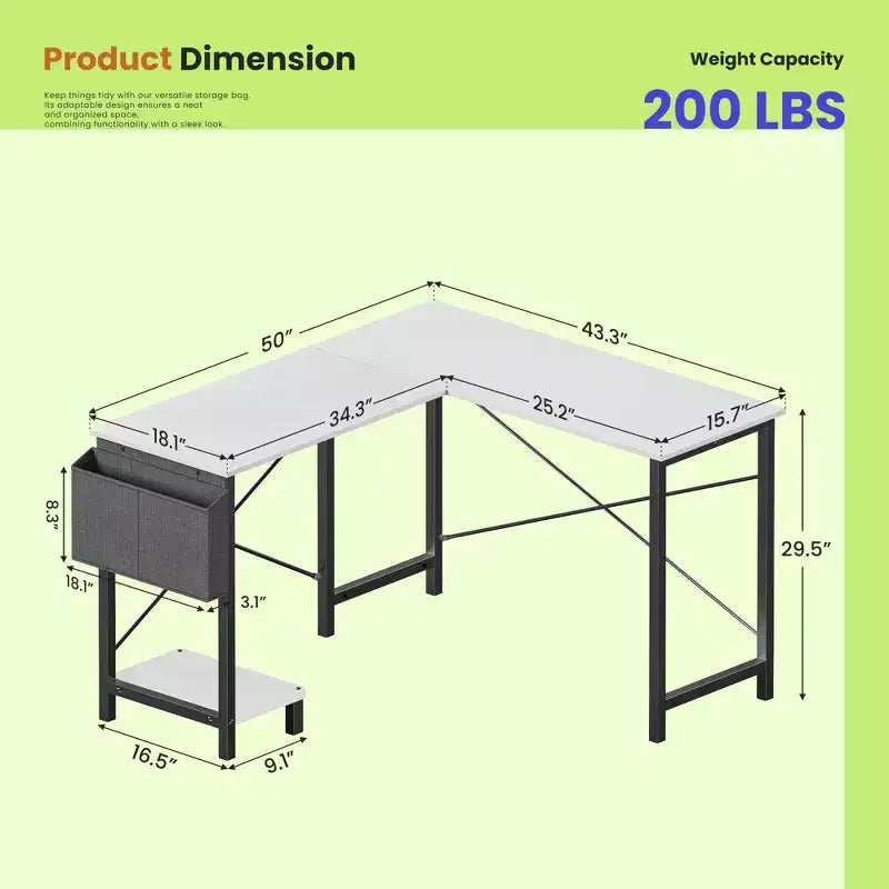 50 L-Shaped Computer Desk with Side Storage Bag,Corner Desks with CPU Stand& Metal Frame,Gaming Desk for Home Office Dorm Studying Room