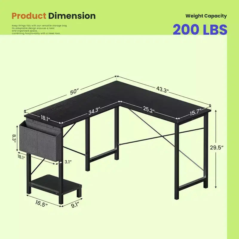 50 L-Shaped Computer Desk with Side Storage Bag,Corner Desks with CPU Stand& Metal Frame,Gaming Desk for Home Office Dorm Studying Room