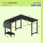 50 L-Shaped Computer Desk with Side Storage Bag,Corner Desks with CPU Stand& Metal Frame,Gaming Desk for Home Office Dorm Studying Room
