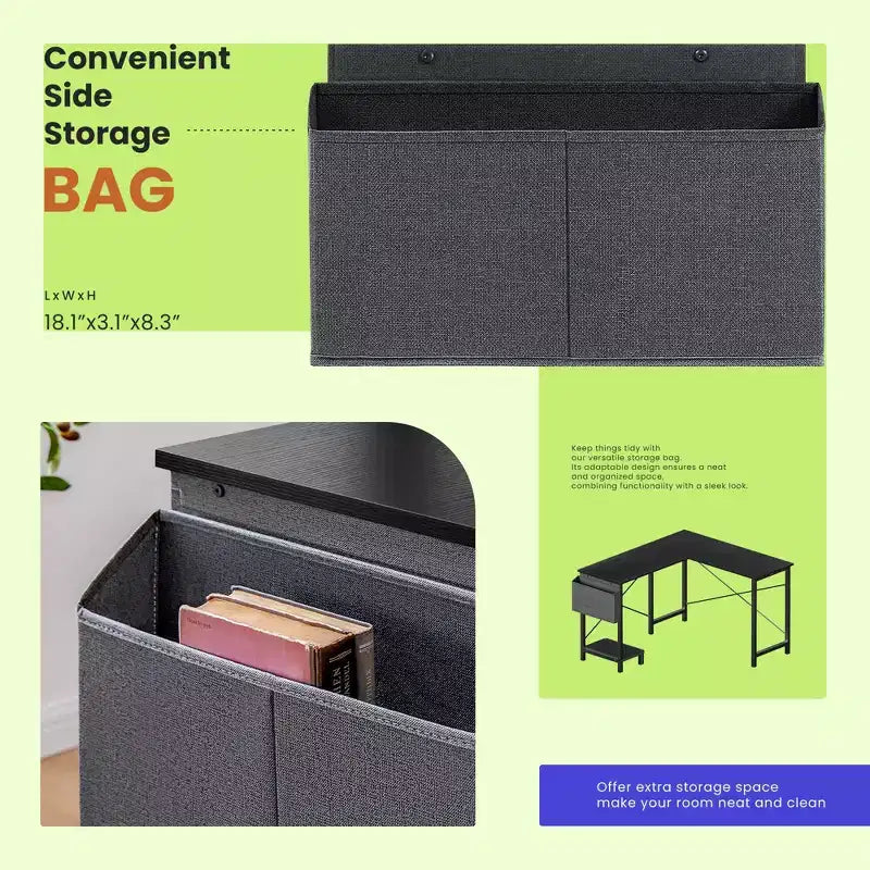 50 L-Shaped Computer Desk with Side Storage Bag,Corner Desks with CPU Stand& Metal Frame,Gaming Desk for Home Office Dorm Studying Room