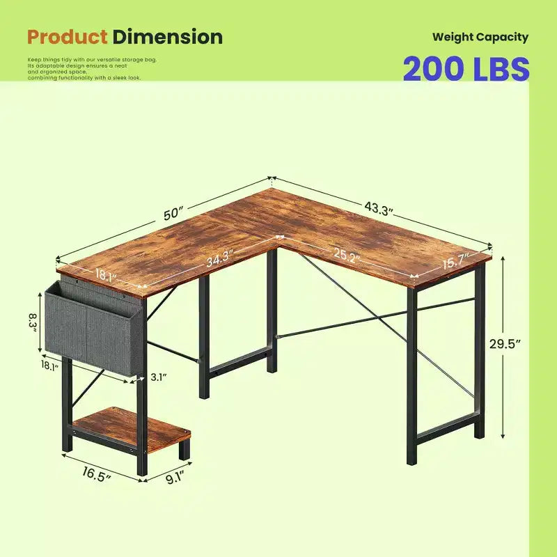 50 L-Shaped Computer Desk with Side Storage Bag,Corner Desks with CPU Stand& Metal Frame,Gaming Desk for Home Office Dorm Studying Room