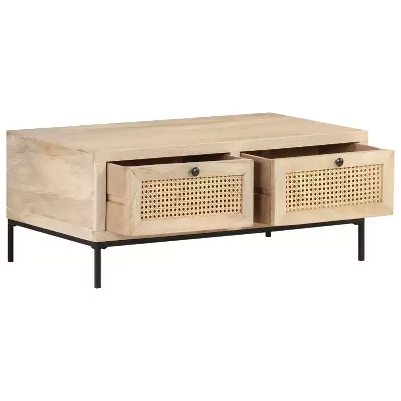 Coffee Table 35.4x19.7x14.6 Solid Mango Wood and Natural Cane