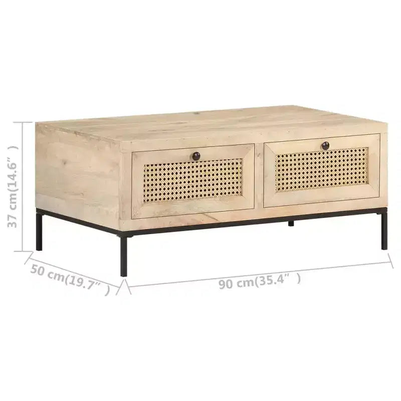 Coffee Table 35.4x19.7x14.6 Solid Mango Wood and Natural Cane