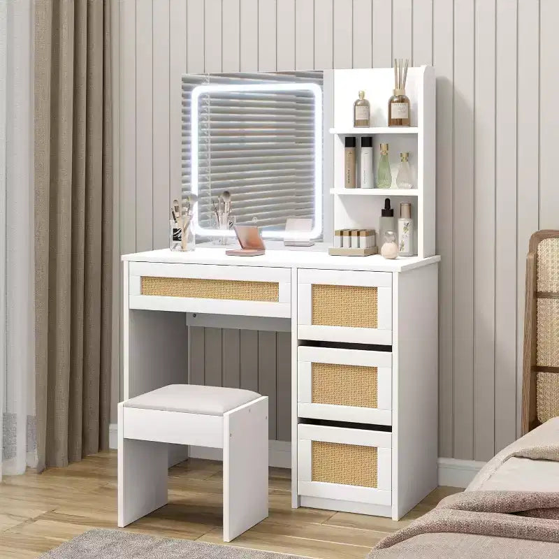 Rattan Vanity with Mirror, White & Gold Makeup Vanity Desk, 4 Drawers, 2 Open Shelves, Large Storage Dressing Table for Bedroom