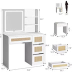 Rattan Vanity with Mirror, White & Gold Makeup Vanity Desk, 4 Drawers, 2 Open Shelves, Large Storage Dressing Table for Bedroom
