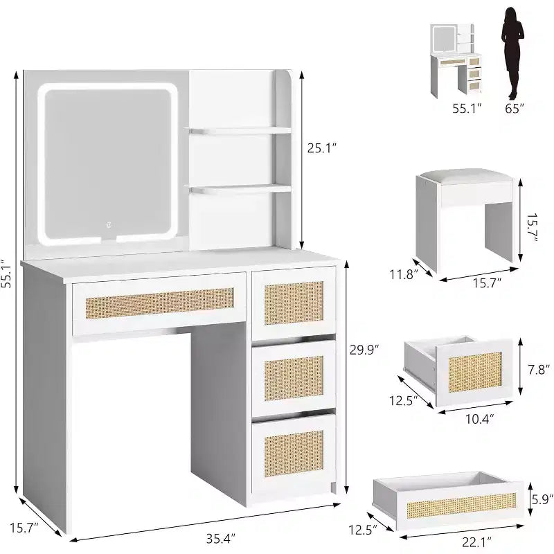 Rattan Vanity with Mirror, White & Gold Makeup Vanity Desk, 4 Drawers, 2 Open Shelves, Large Storage Dressing Table for Bedroom