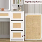 Rattan Vanity with Mirror, White & Gold Makeup Vanity Desk, 4 Drawers, 2 Open Shelves, Large Storage Dressing Table for Bedroom