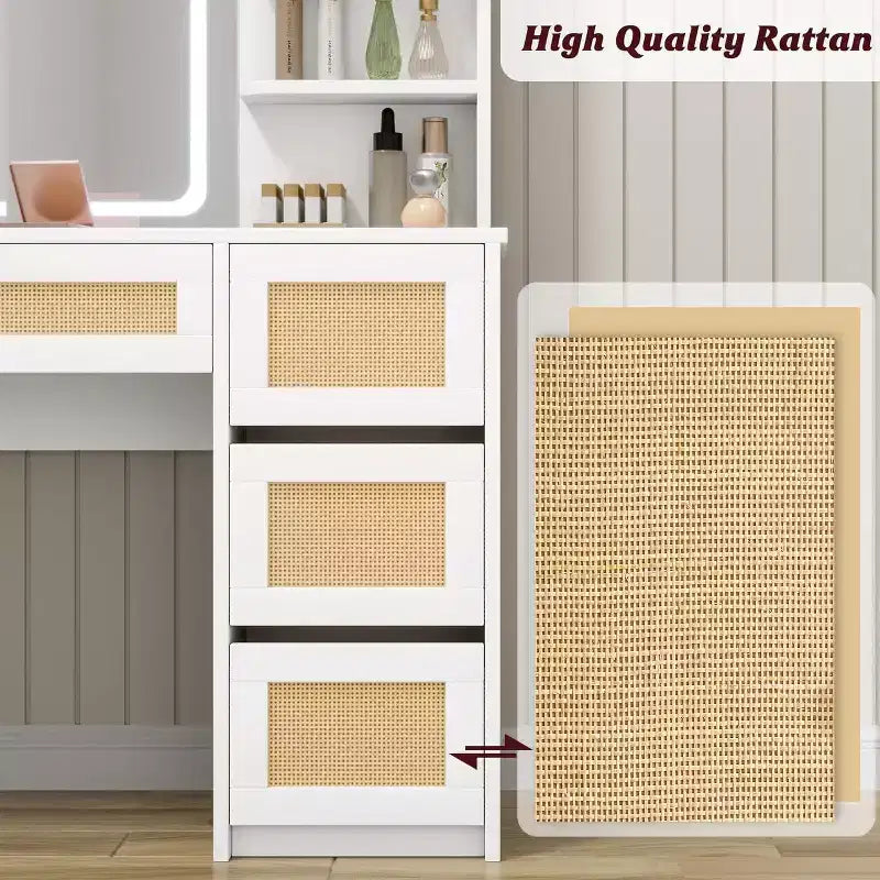 Rattan Vanity with Mirror, White & Gold Makeup Vanity Desk, 4 Drawers, 2 Open Shelves, Large Storage Dressing Table for Bedroom