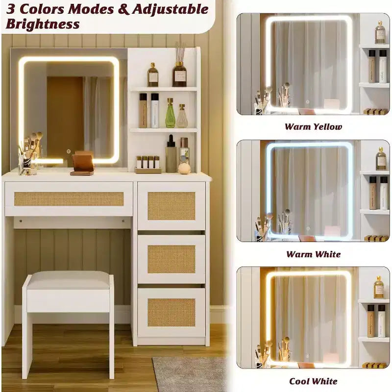 Rattan Vanity with Mirror, White & Gold Makeup Vanity Desk, 4 Drawers, 2 Open Shelves, Large Storage Dressing Table for Bedroom