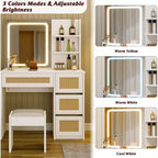 Rattan Vanity with Mirror, White & Gold Makeup Vanity Desk, 4 Drawers, 2 Open Shelves, Large Storage Dressing Table for Bedroom