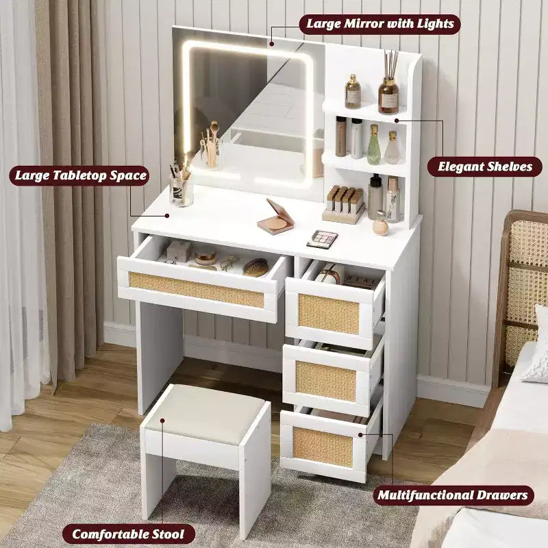 Rattan Vanity with Mirror, White & Gold Makeup Vanity Desk, 4 Drawers, 2 Open Shelves, Large Storage Dressing Table for Bedroom