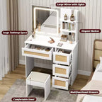 Rattan Vanity with Mirror, White & Gold Makeup Vanity Desk, 4 Drawers, 2 Open Shelves, Large Storage Dressing Table for Bedroom