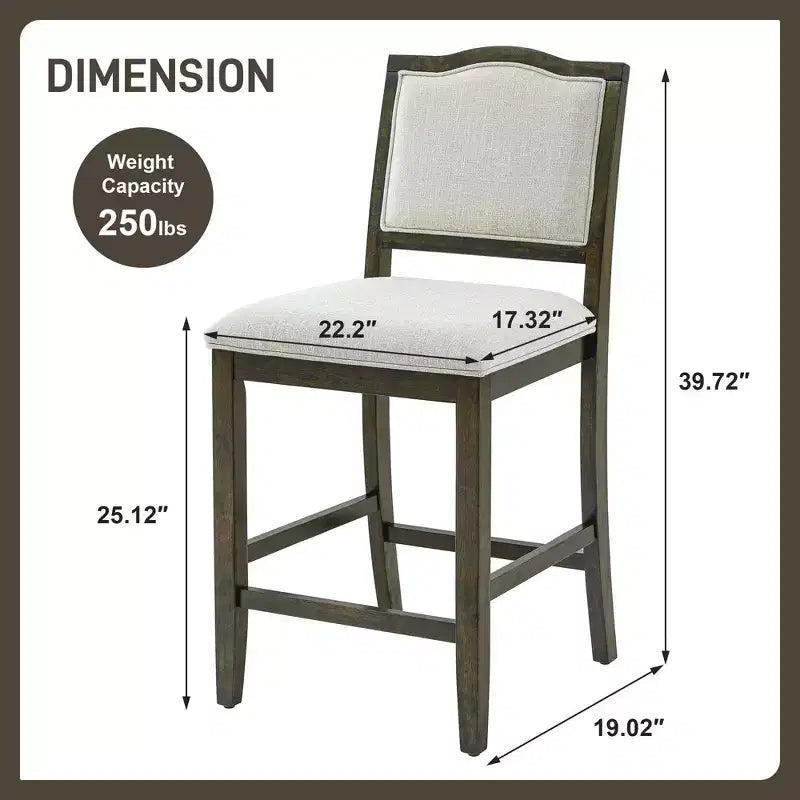 Counter Height Bar Stools Set of 2,Upholstered Bar Chair with Rubber Wood Frame & Footrest,Dining Chair for Kitchen Islands,Home Bars