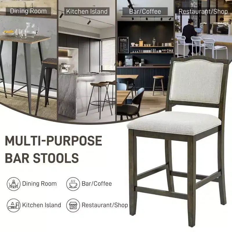 Counter Height Bar Stools Set of 2,Upholstered Bar Chair with Rubber Wood Frame & Footrest,Dining Chair for Kitchen Islands,Home Bars