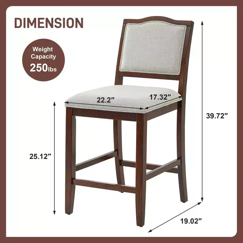 Counter Height Bar Stools Set of 2,Upholstered Bar Chair with Rubber Wood Frame & Footrest,Dining Chair for Kitchen Islands,Home Bars