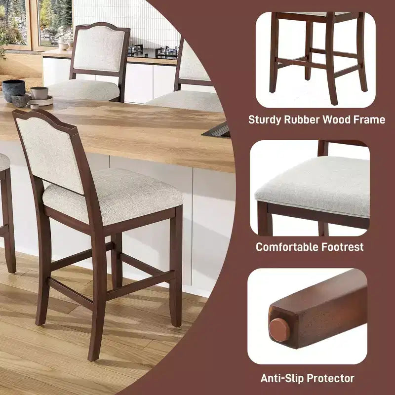 Counter Height Bar Stools Set of 2,Upholstered Bar Chair with Rubber Wood Frame & Footrest,Dining Chair for Kitchen Islands,Home Bars