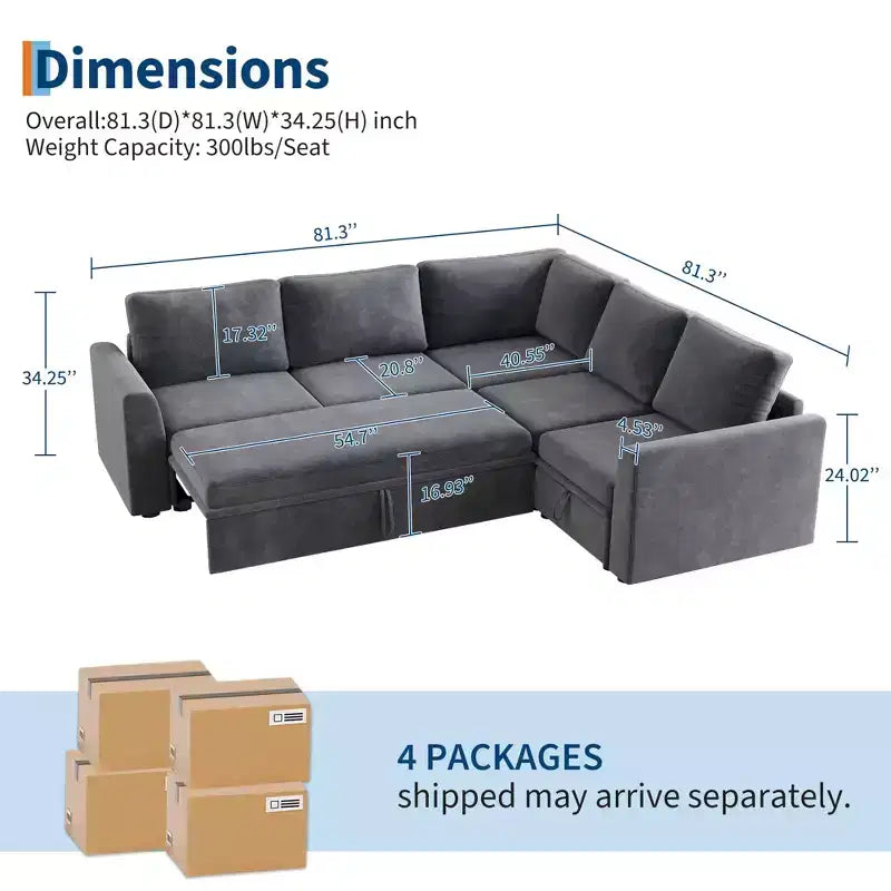 Sectional Sleeper Sofa with Pull Out Bed, Chenille Modular Sectional Couch with Pull Out Couch and Storage Seat & 2 Ottomans, Convertible Couches