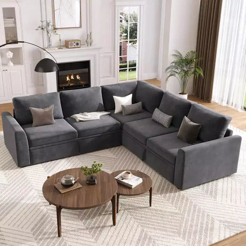 Sectional Sleeper Sofa with Pull Out Bed, Chenille Modular Sectional Couch with Pull Out Couch and Storage Seat & 2 Ottomans, Convertible Couches