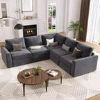 Sectional Sleeper Sofa with Pull Out Bed, Chenille Modular Sectional Couch with Pull Out Couch and Storage Seat & 2 Ottomans, Convertible Couches