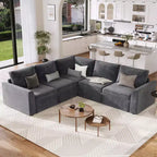 Sectional Sleeper Sofa with Pull Out Bed, Chenille Modular Sectional Couch with Pull Out Couch and Storage Seat & 2 Ottomans, Convertible Couches