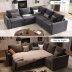 Sectional Sleeper Sofa with Pull Out Bed, Chenille Modular Sectional Couch with Pull Out Couch and Storage Seat & 2 Ottomans, Convertible Couches